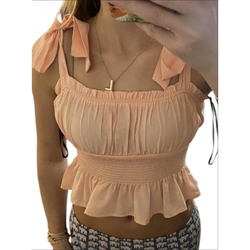 NWT Forever 21 Pink Smocked Crop Top S Tie Strap Ruffle Peplum Cami